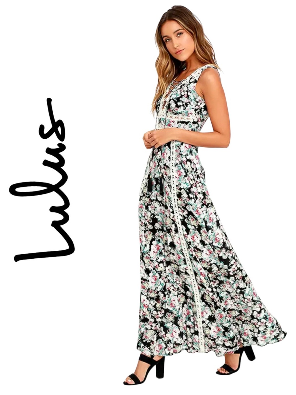 Lulu's Black Floral Print Maxi Dress Size XL Crochet Lace-Trim Boho Party Event - Picture 1 of 17